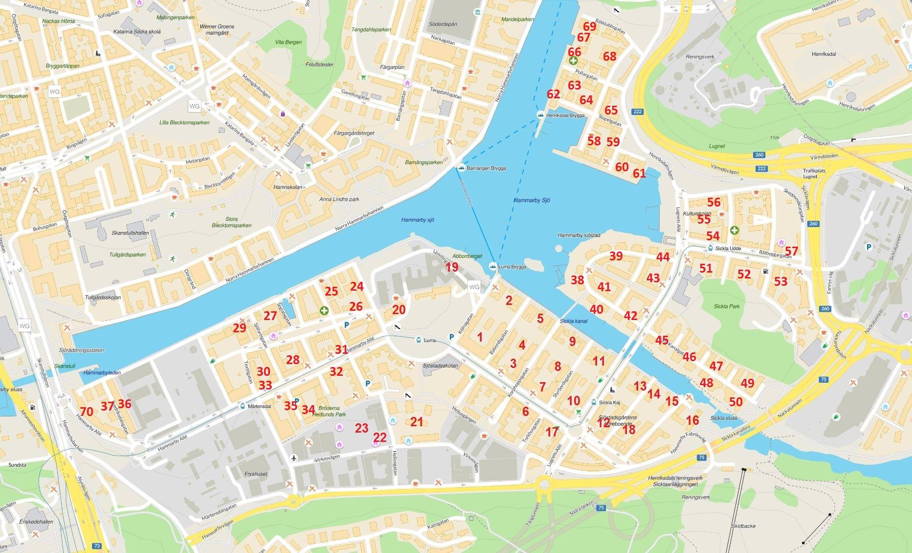 Karta över alla bostadsrättsföreningar i Hammarby Sjöstad